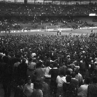 Crowded stadium during a soccer match.