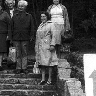 Group posing on stone steps near forest sign.