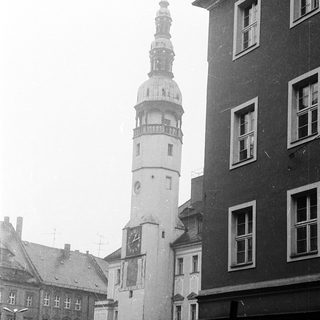 Historic European town with clock tower.