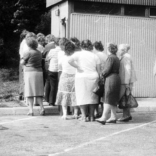 Group of people queuing outside a small building.