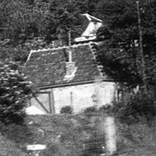 Rural landscape with houses, windmill, and forested hillside.