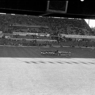 Large stadium crowd watching outdoor ceremony or event.