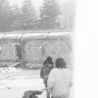People walking in snowy, foggy outdoor setting.
