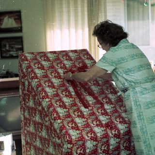 Woman ironing floral-patterned garment in vintage living room.
