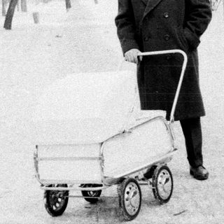 Man pushing cart in snowy park.