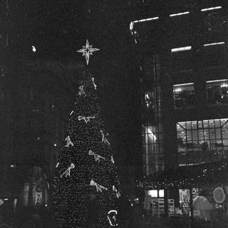 Illuminated Christmas tree display at nighttime.
