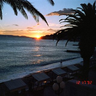 Sunset over ocean with silhouetted beach and palm trees.