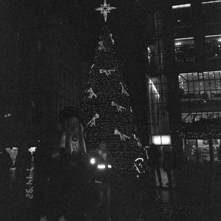 Illuminated Christmas tree in urban night setting.