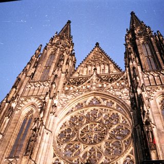 Gothic cathedral facade with intricate rose window.