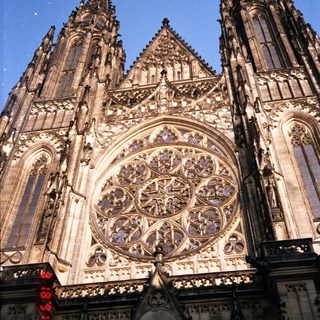 Gothic cathedral facade with intricate rose window.