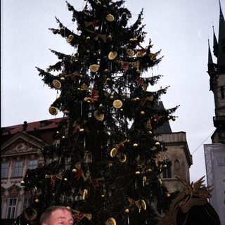Christmas tree decorated with ornaments in city square.