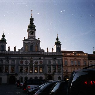 Baroque-style town hall with clock tower.