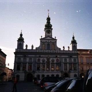 Baroque-style town hall with clock tower.