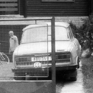 Rural wooden house with parked car and man gardening.