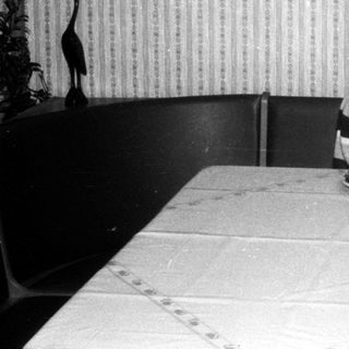 Young boy sitting at table blowing out birthday candles.