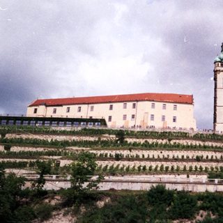 Historic castle complex on hilltop with church tower.