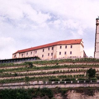 Historic monastery complex with church tower on hillside.