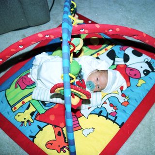 Baby sleeping in colorful playpen with cow-themed blanket.
