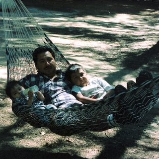 Family relaxing in a hammock outdoors.