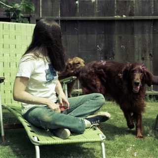 Two people relaxing on lounge chairs with wet dogs.