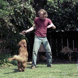 Man throwing frisbee for running dog outdoors.