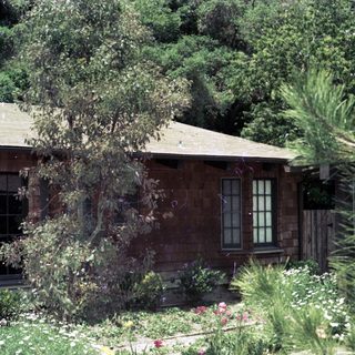 Rustic wooden house with lush garden.