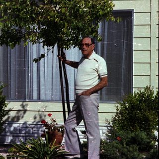 Mid-century couple posing outside modern home.
