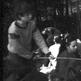 Campfire gathering of people in forest.