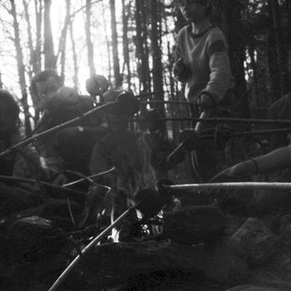 People gathered around a campfire in forest.