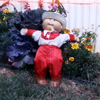 Whimsical doll dressed as farmer amidst garden plants.