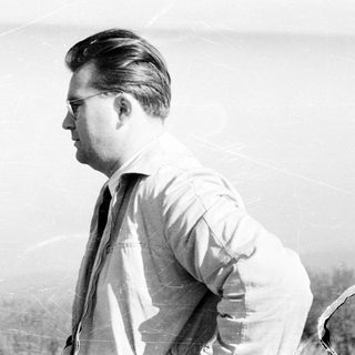 Man in shirt and glasses looks out at landscape.
