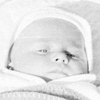 Infant sleeps in a vintage stroller, wrapped in blankets.