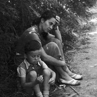 A woman and child sit near foliage, appearing distressed.