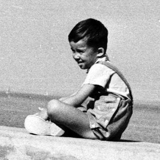 Here's a brief summary of the image: Boy sits on a wall, looking out over the water.