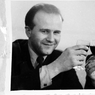 Two men in suits are toasting with glasses of wine.