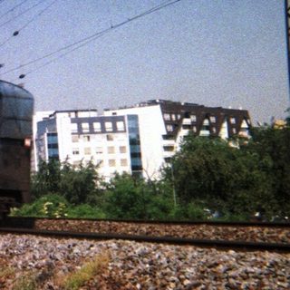 Graffiti-covered train on tracks, with buildings and power lines.