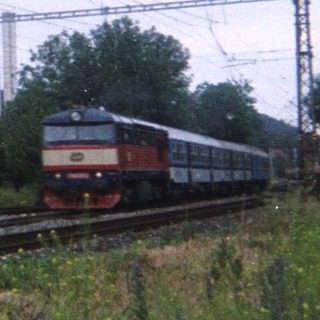 Train traveling on tracks, vegetation alongside, overcast sky.