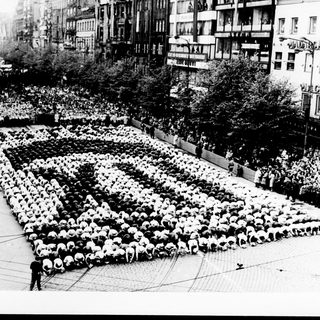 Here's a brief summary of the image: Large crowd arranged in a pattern, likely for display.