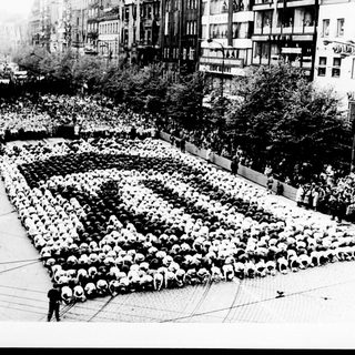Large group arranged in a human pixelated image.