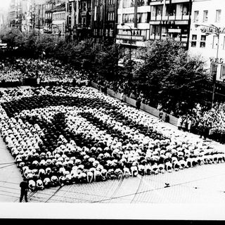 People arranged in a formation, creating a large design.