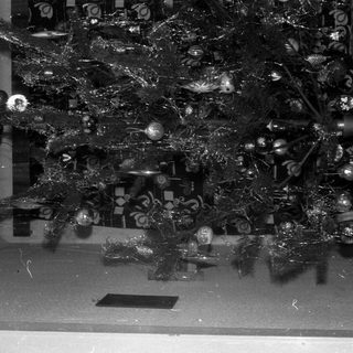 Decorated Christmas tree stands near a cabinet.