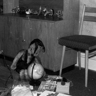Boy sits with toy airplane and stuffed animal indoors.