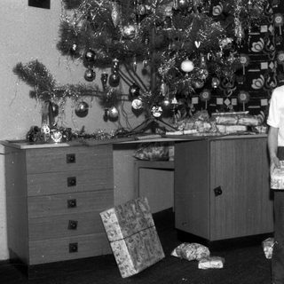 Boy stands near a Christmas tree holding a wrapped gift.