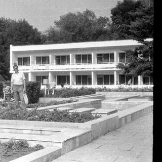Man and boy stand near tiered garden in front of building.