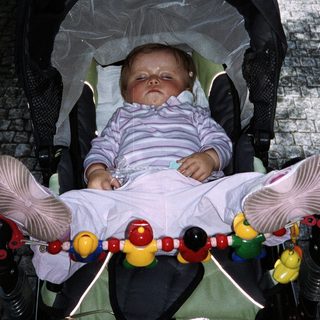 Baby sleeps peacefully in a stroller with a toy.
