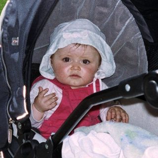 Baby sits in a stroller outdoors on a sunny day.