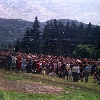 Large crowd gathered in a field with forested hills.