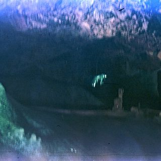 Dark, cavernous space with a visible opening and foliage.