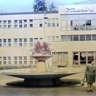 Two women stand near a fountain in front of a building.