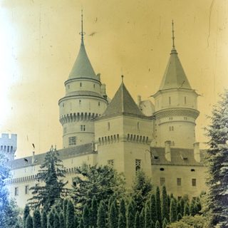 Vintage photograph shows a large castle on a hillside.